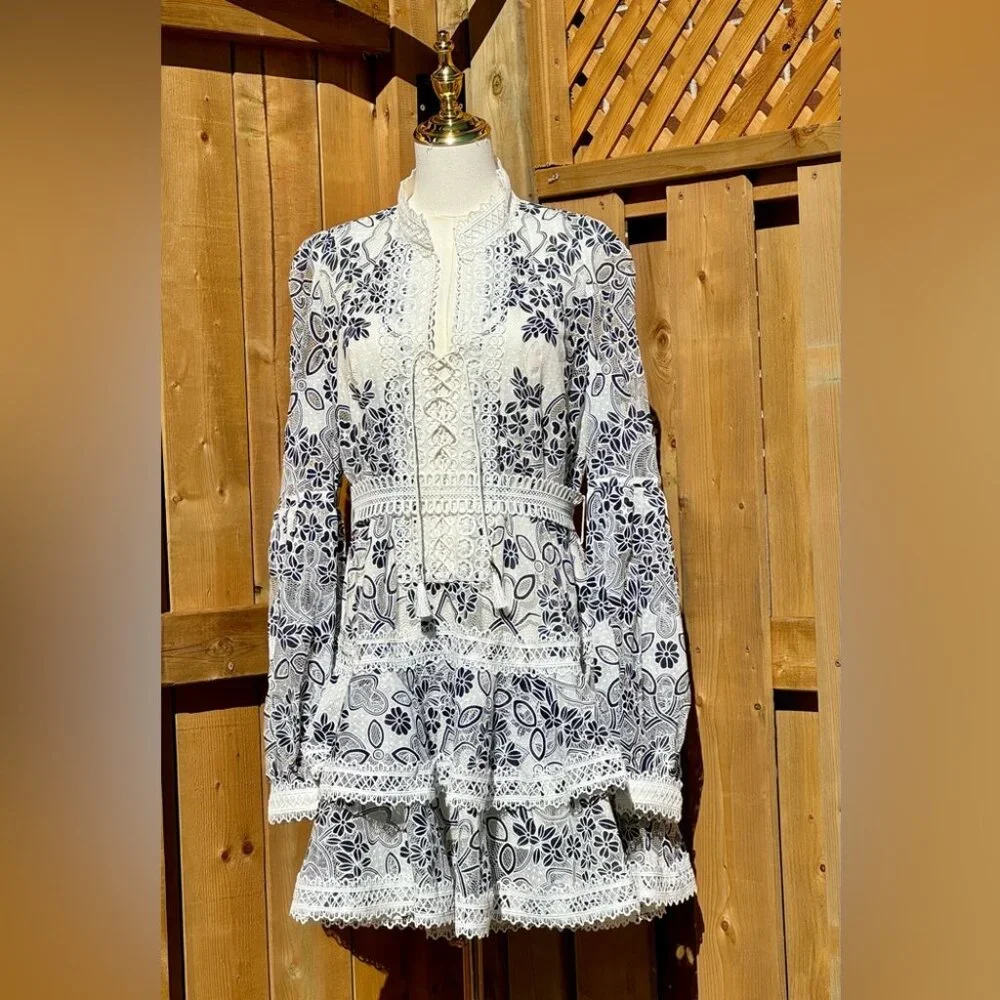 🆕 BRONX & BANCO 🧿 NWOT Santorini Long-Sleeve Tiered Floral Burnout Dress, Sz M